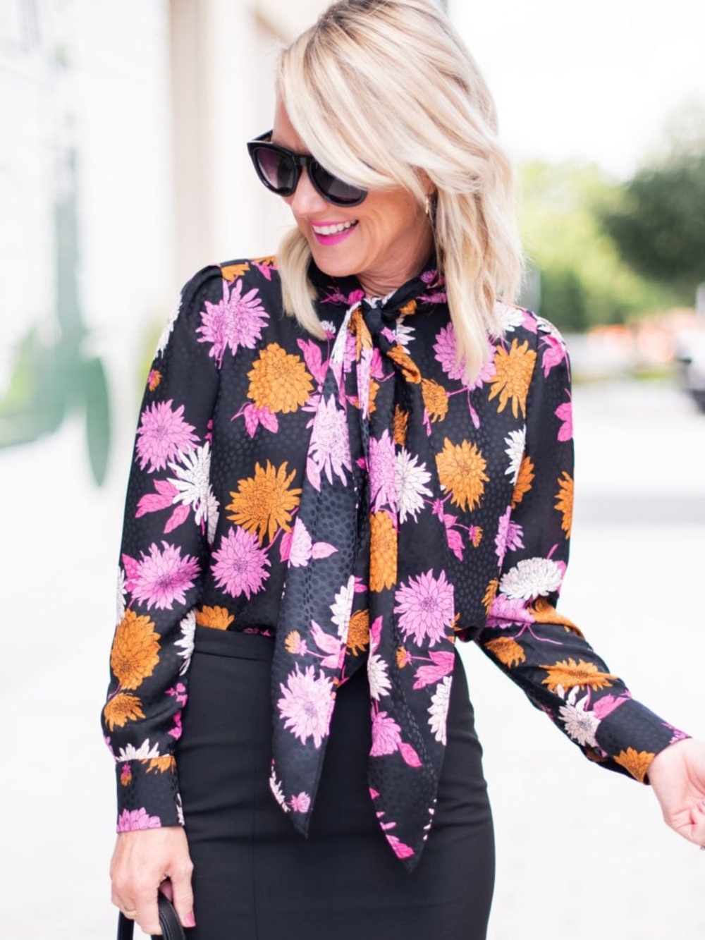 Ann Taylor Black Floral Bow-Tie Blouse with Pink, White & Mustard Flowers EUC